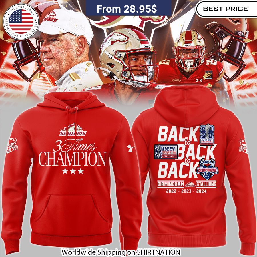 Celebrate the Birmingham Stallions' historic three-peat with this bold, vibrant championship hoodie