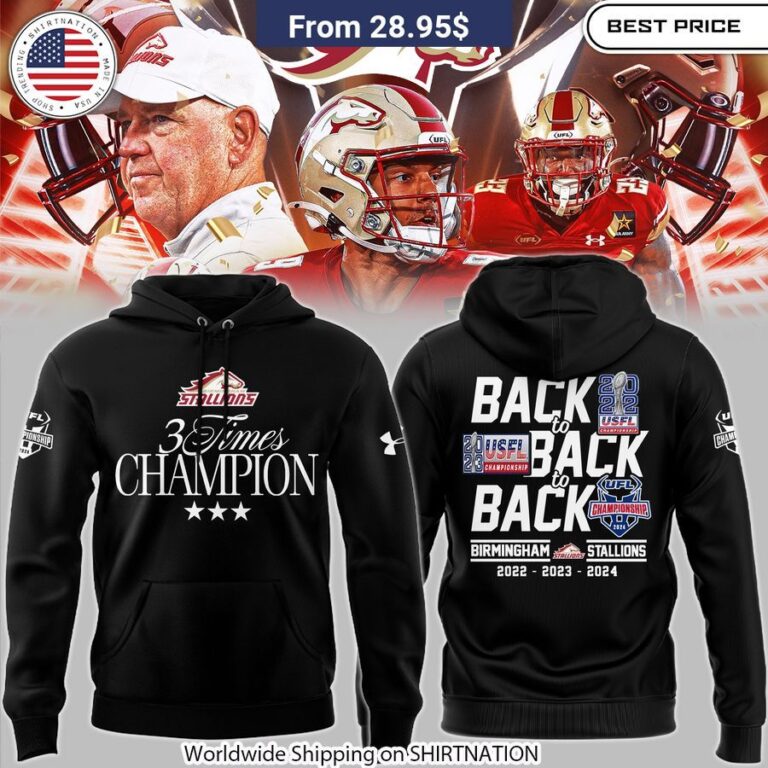 Stay warm and stylish on game day with the Birmingham Stallions 3 Times Champion zip hoodie