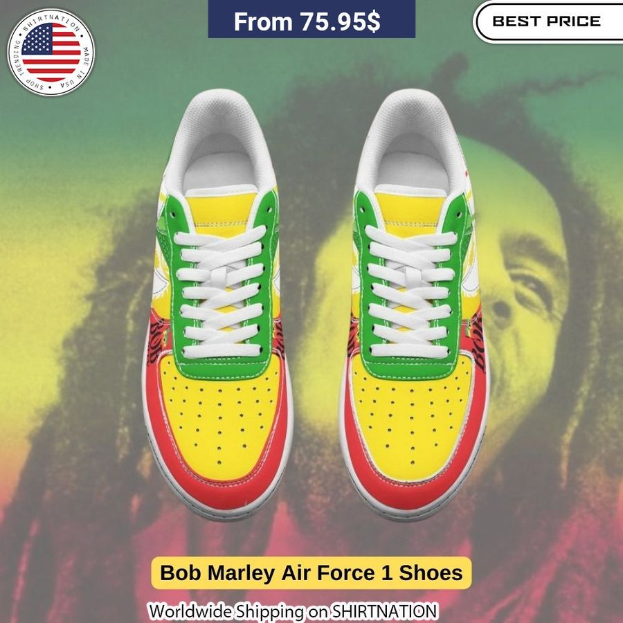 Eye-catching design combines the timeless style of Air Force 1s with the soulful essence of Bob Marley's music.