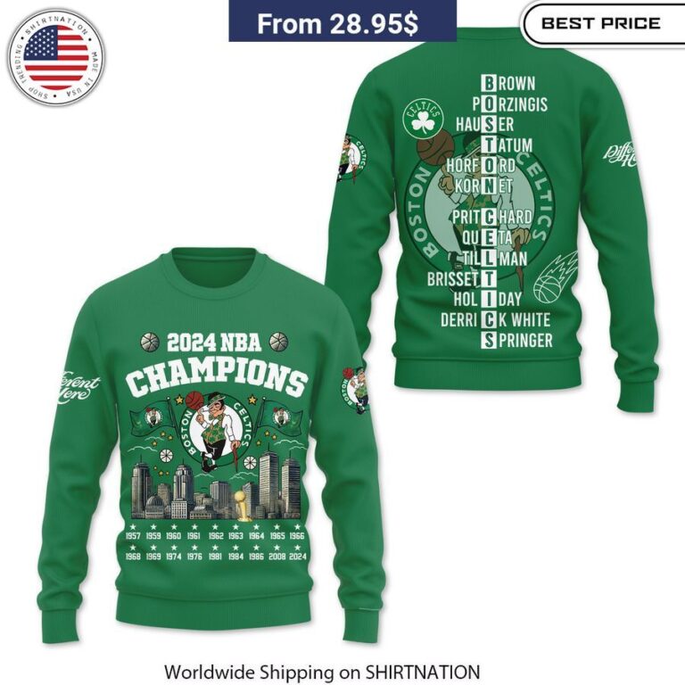 Make a statement in this eye-catching Boston Celtics 2024 NBA Champions Sweatshirt