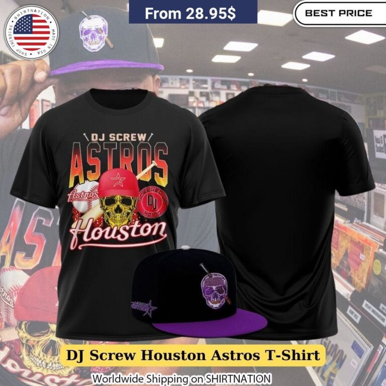 Vibrant DJ Screw Houston Astros T-Shirt featuring iconic hip-hop legend and MLB team logos.