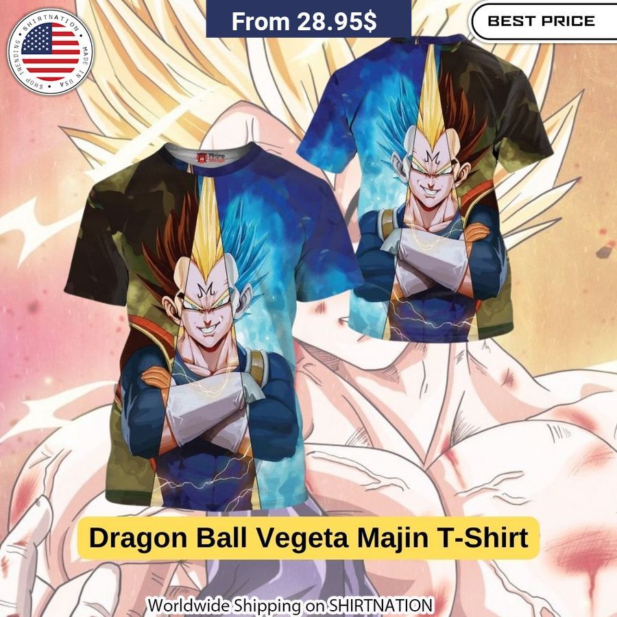 Unleash your inner Saiyan with this fierce Majin Vegeta tee featuring vivid colors and intricate design details.