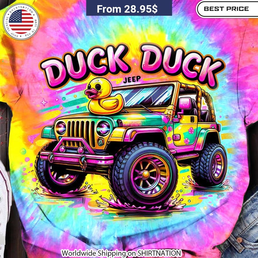 Vibrant tie dye Duck Duck Jeep t-shirt in soft, breathable cotton-poly blend.