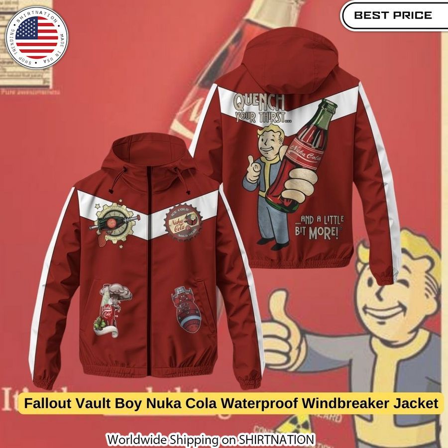 Iconic Fallout Vault Boy flashes a thumbs-up on this premium waterproof windbreaker jacket.