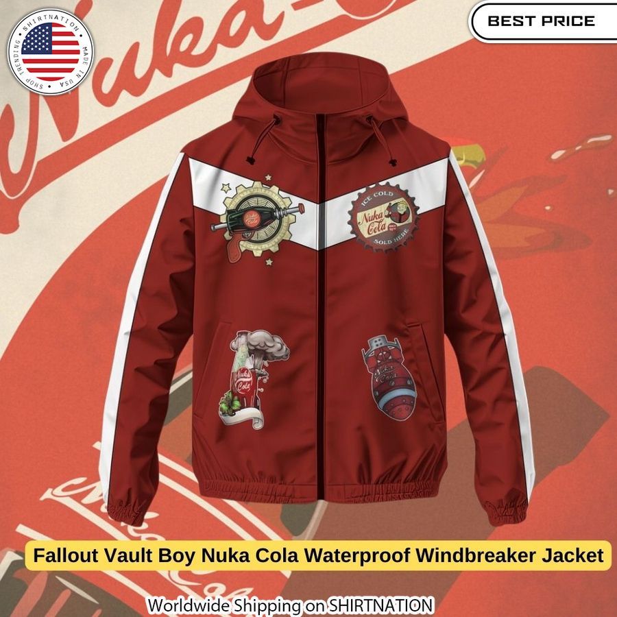 Stay dry and rep Nuka Cola with this officially licensed Fallout windbreaker, featuring a vibrant red and blue design.