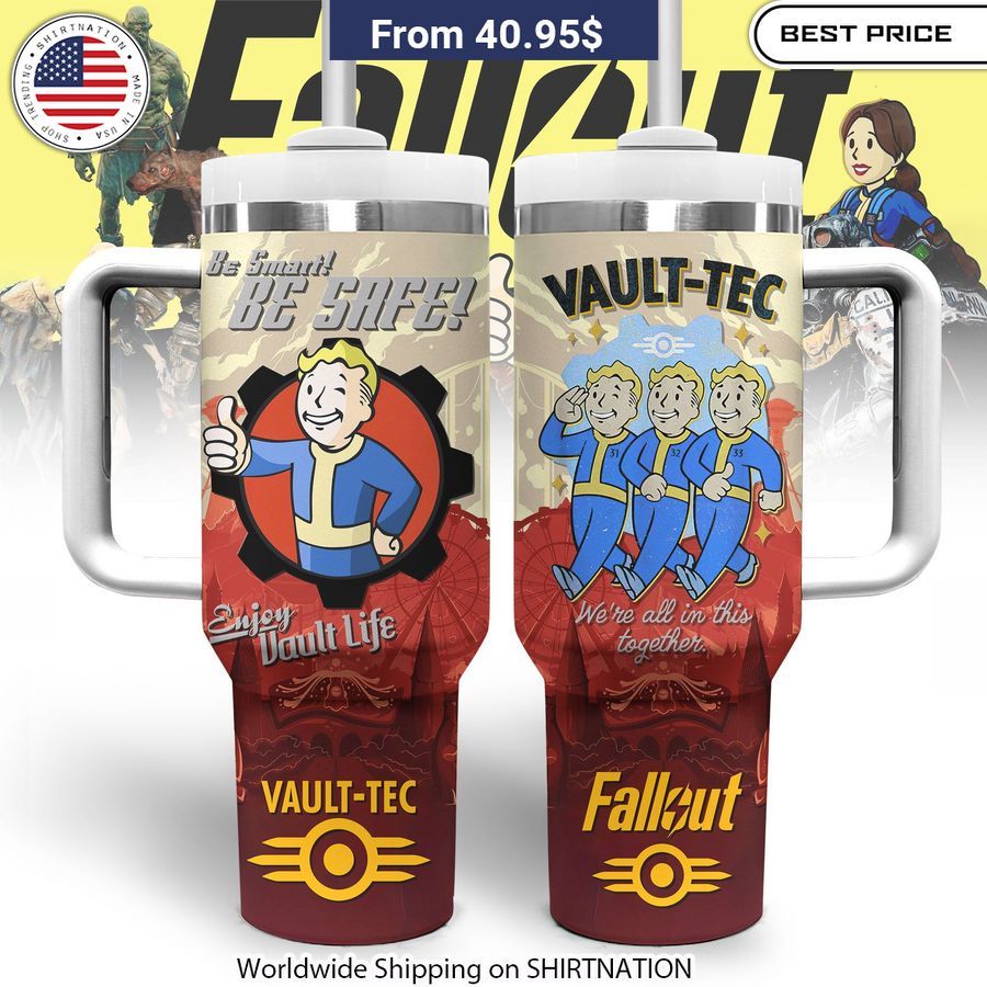 Fallout Vault-Tec insulated stainless steel tumbler with straw and laser-engraved logo, perfect for fans of the iconic video game series.