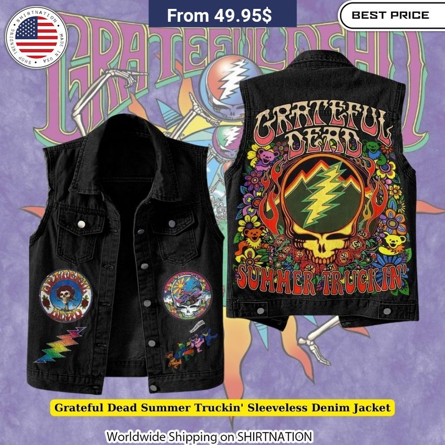 Grateful Dead Summer Truckin' Sleeveless Denim Jacket Outdoor concert gear