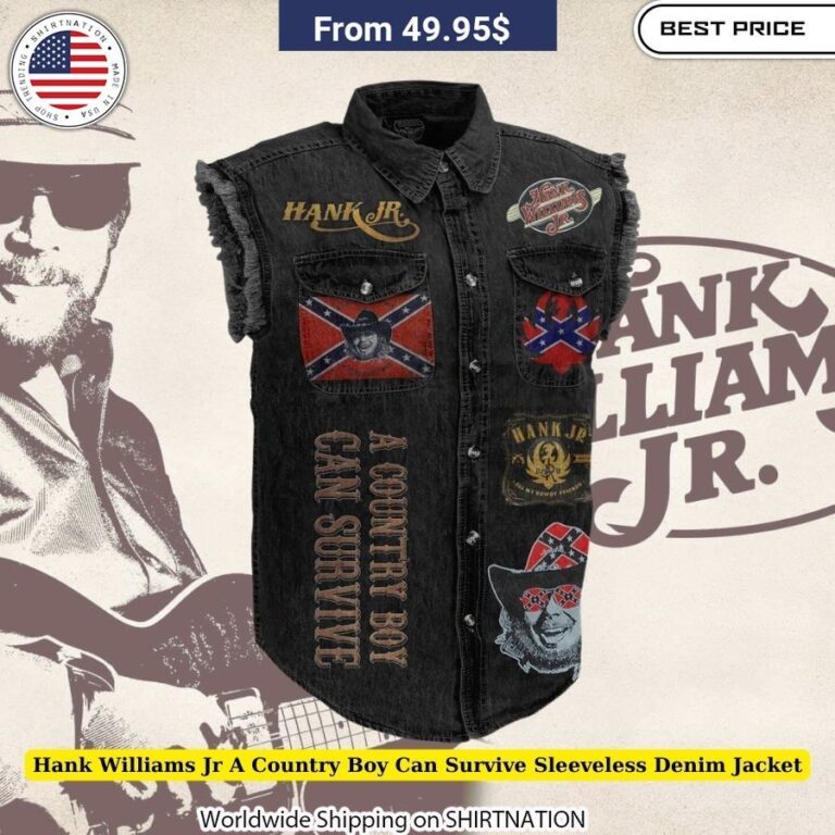 Classic Hank Williams Jr A Country Boy Can Survive Sleeveless Denim Jacket 