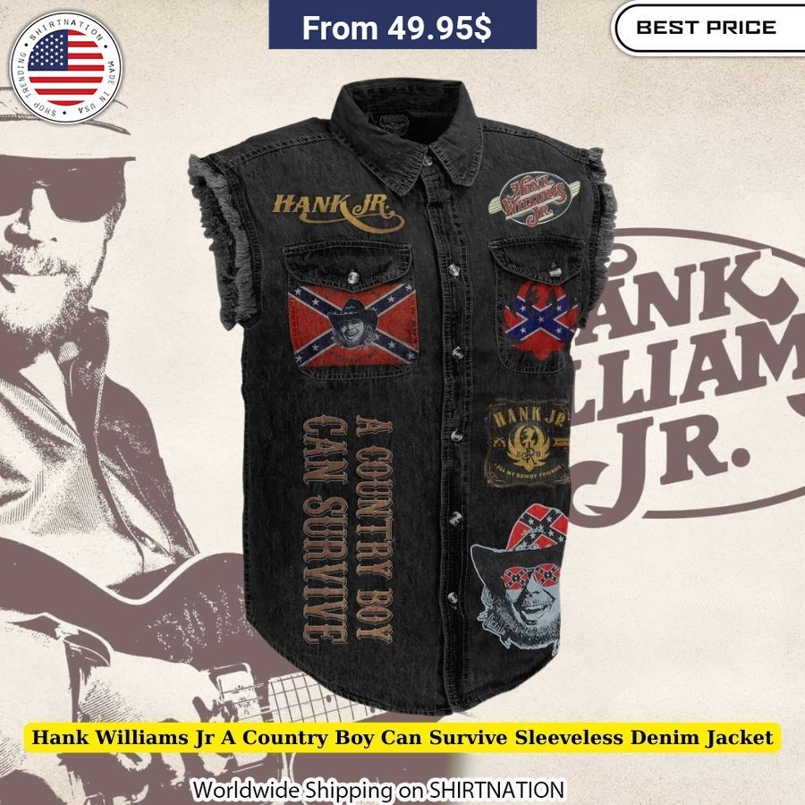 Classic Hank Williams Jr A Country Boy Can Survive Sleeveless Denim Jacket