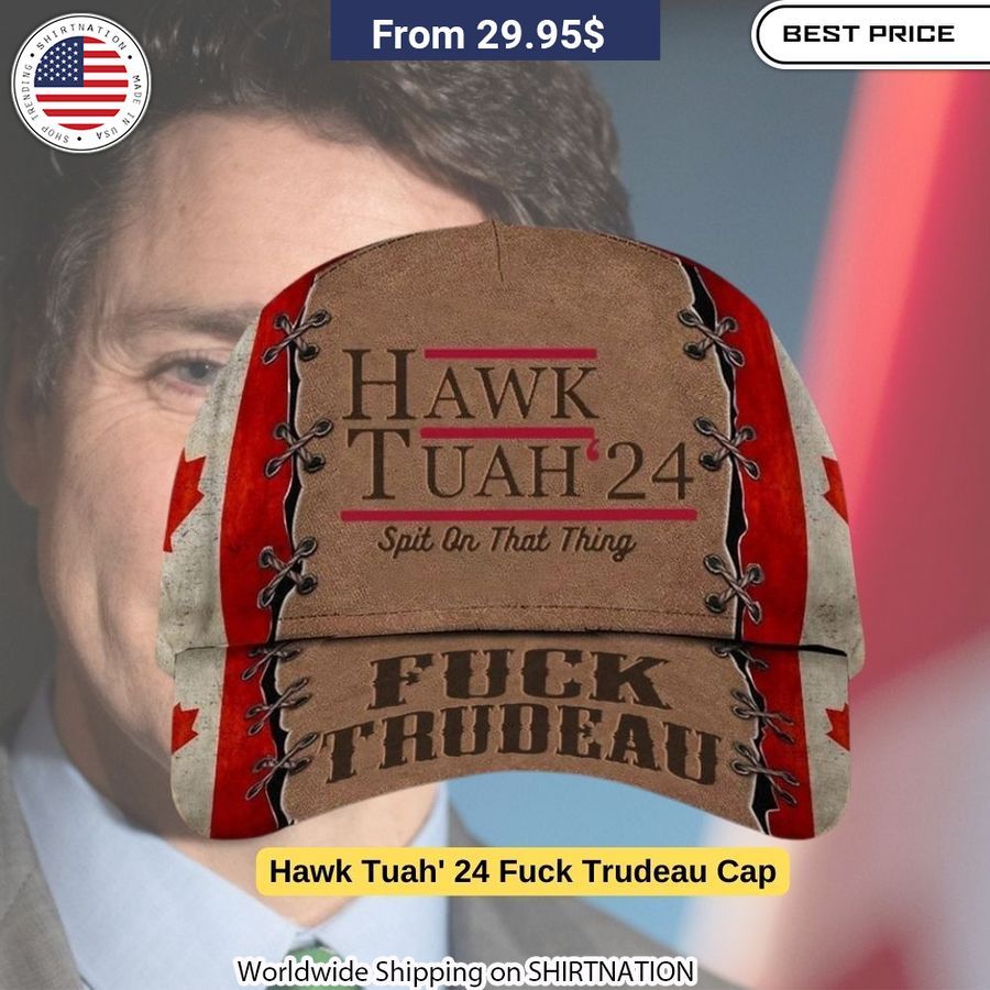Bold black Hawk Tuah' 24 Fuck Trudeau Cap with white printed slogan makes a defiant political statement.