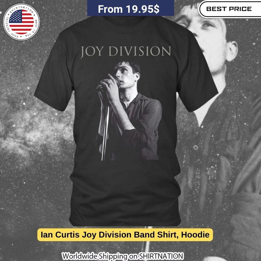 Iconic Ian Curtis portrait printed on soft, high-quality t-shirts and hoodies for devoted Joy Division fans.