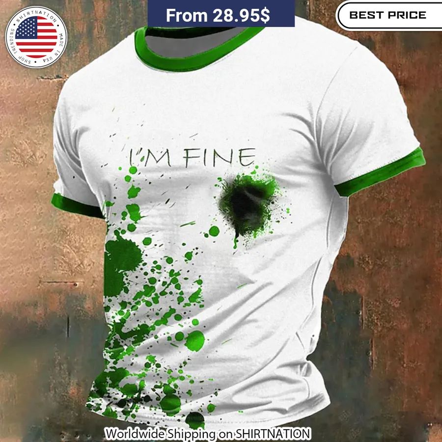 Durable, high-definition dye-sublimation printed "I'm Fine" bloody graphic tee in sizes S-5XL.
