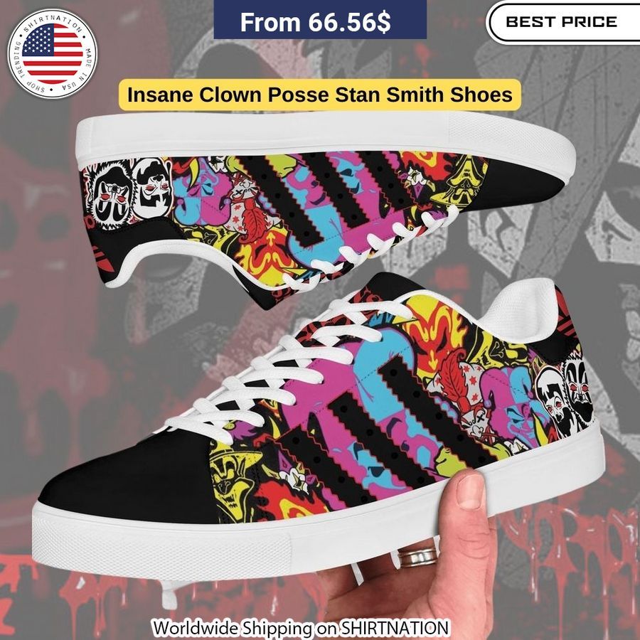 Bold ICP clown graphics printed on classic white leather Stan Smith sneakers.