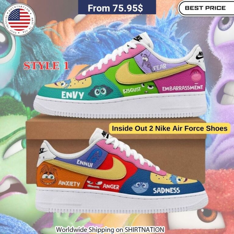 Vibrant Nike Air Force sneakers featuring beloved Inside Out 2 characters for a playful, eye-catching look.