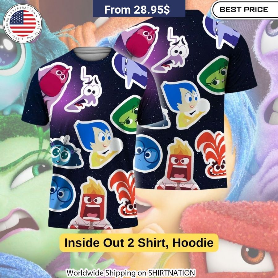 Vibrant 3D printed Inside Out 2 t-shirt featuring the lovable characters Joy, Sadness, Anger, Fear, and Disgust.