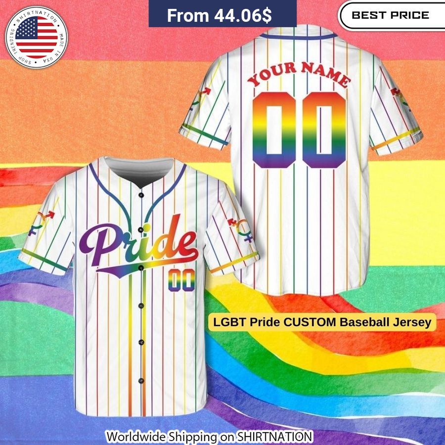 Vibrant rainbow LGBT Pride custom baseball jersey celebrating diversity and inclusion.