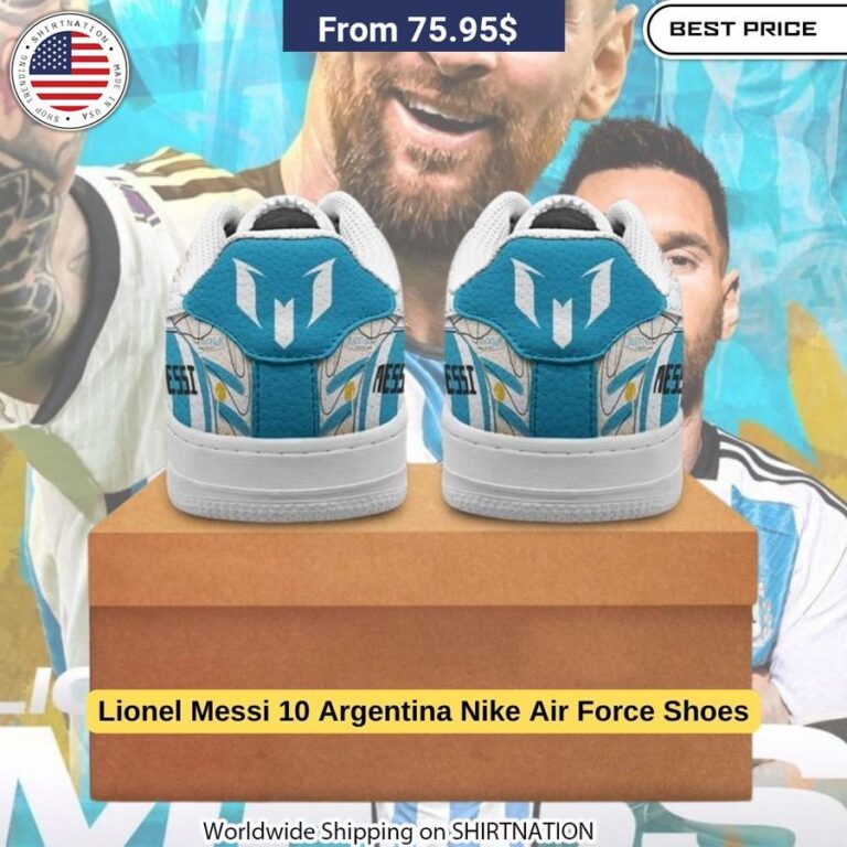 Closeup of the iconic Lionel Messi 10 Argentina Nike Air Force Shoes, featuring premium tumbled leather and bold Argentina colors.