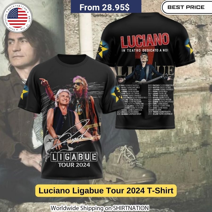 Soft, breathable Luciano Ligabue 2024 tour tee with vibrant graphic print celebrating the Italian rock legend's upcoming concerts.