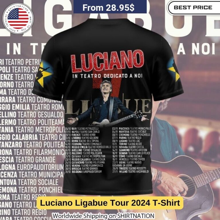 Luciano Ligabue's powerful stage presence shines through in this bold graphic tee, perfect for rocking out at his 2024 shows.