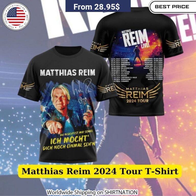 Vibrant 3D graphics celebrate Matthias Reim's musical journey on this breathable cotton-poly tour tee.