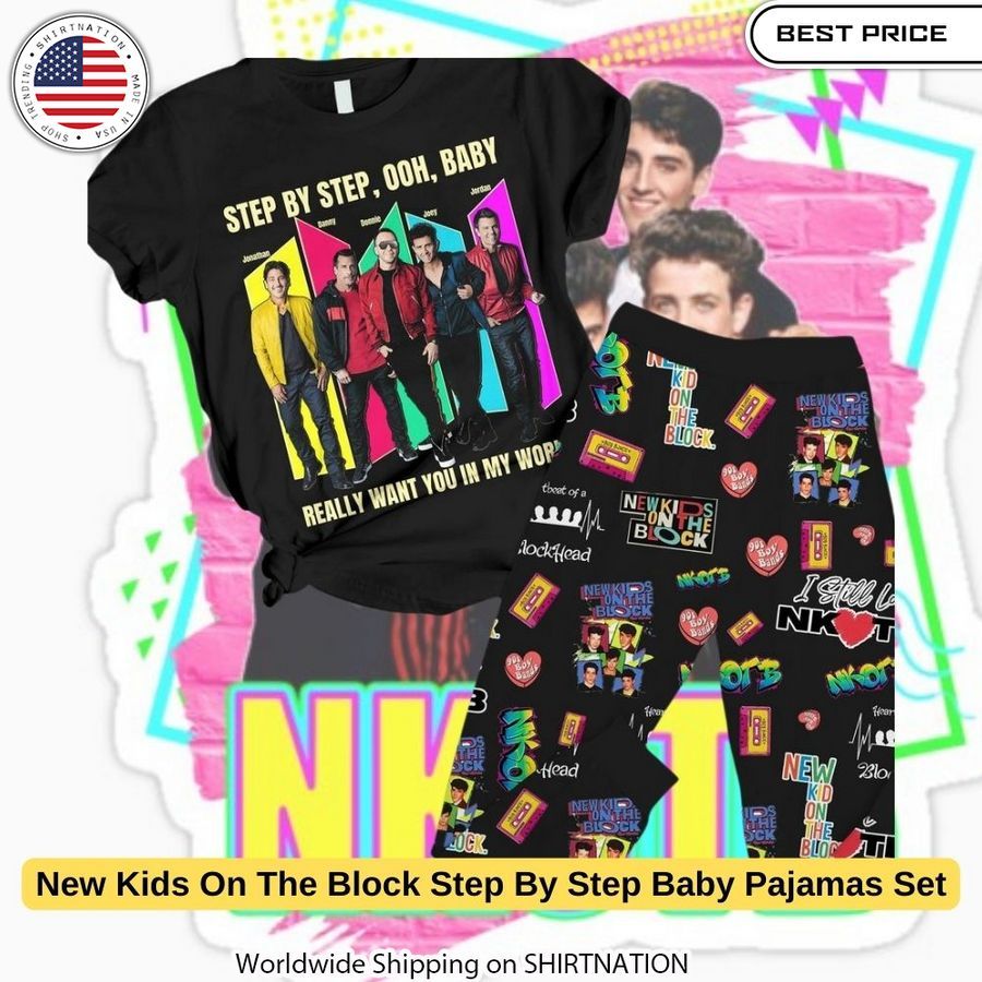 Adorable New Kids On The Block baby pajamas set with vibrant all-over logo print.