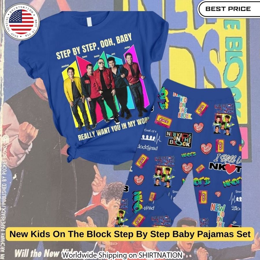 Matching family pajamas in soft cotton blend featuring NKOTB graphics and "Step By Step" text.