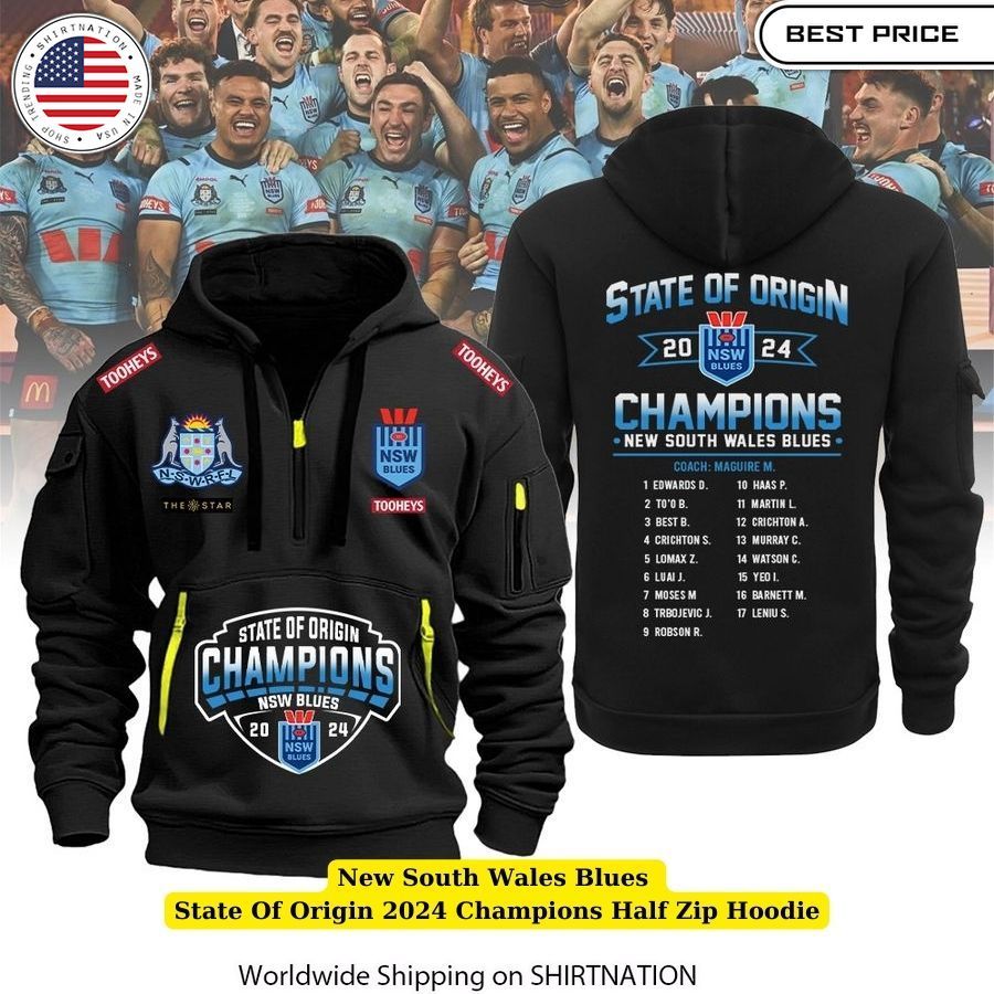 New South Wales Blues State Of Origin 2024 Champions Half Zip Hoodie Relaxed fit