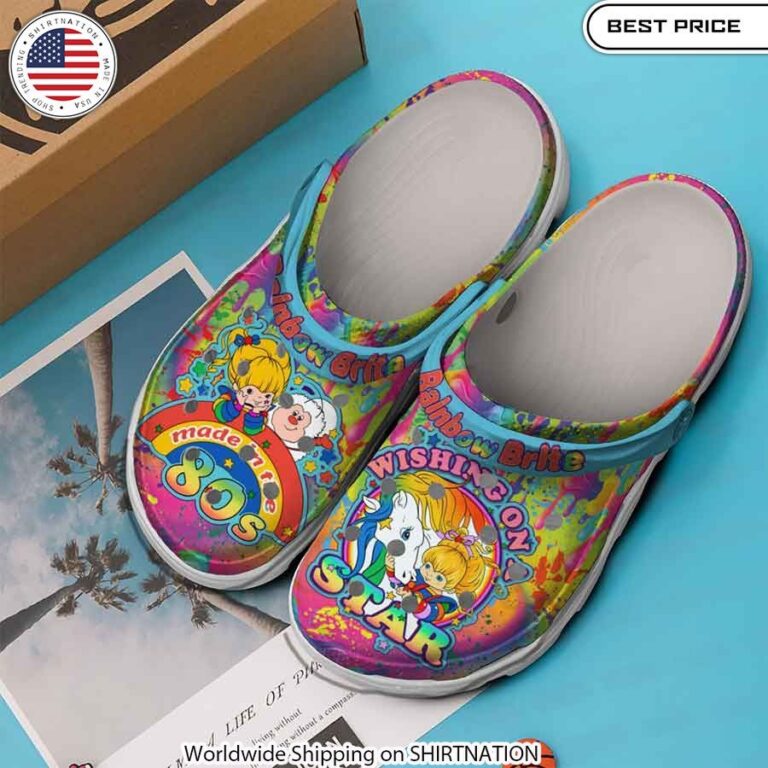 Waterproof and easy to clean, these Rainbow Brite Crocs are perfect for any adventure.