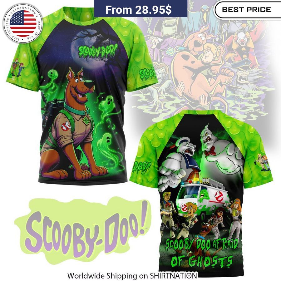 Scooby-Doo cowers in fear of a spooky ghost on this vibrant graphic tee, perfect for fans of the iconic cartoon canine.