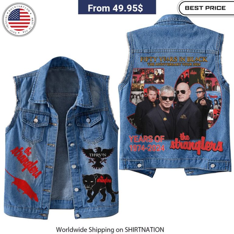 Vivid Back Graphic The Stranglers Fifty Years In Black Anniversary Tour 2024 Sleeveless Denim Jacket