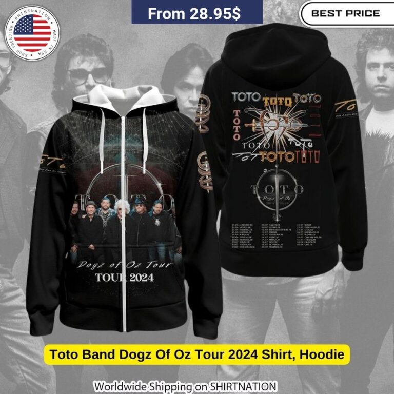 Moisture-wicking Toto Band Dogz of Oz Tour 2024 hoodie with UV protection and taped seams for all-day comfort at concerts or on the go.