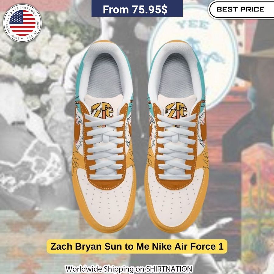 Showcasing the durable rubber sole and Nike Air cushioning of the Zach Bryan Sun to Me AF1 sneakers.