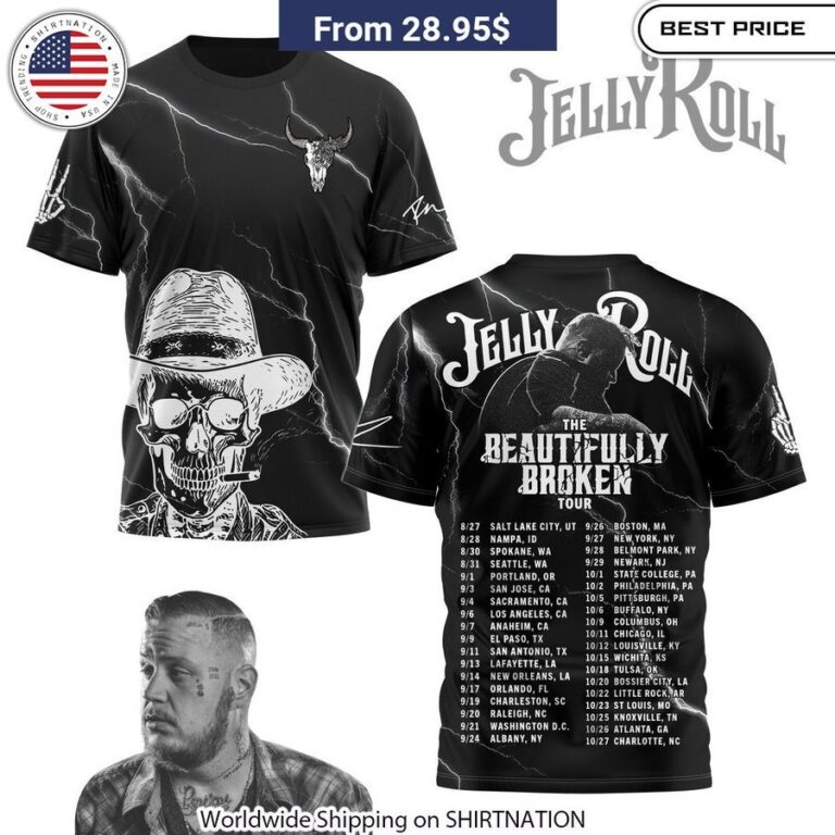 The Beautifully Broken Tour Jelly Roll Skull T-Shirt exclusive tour design