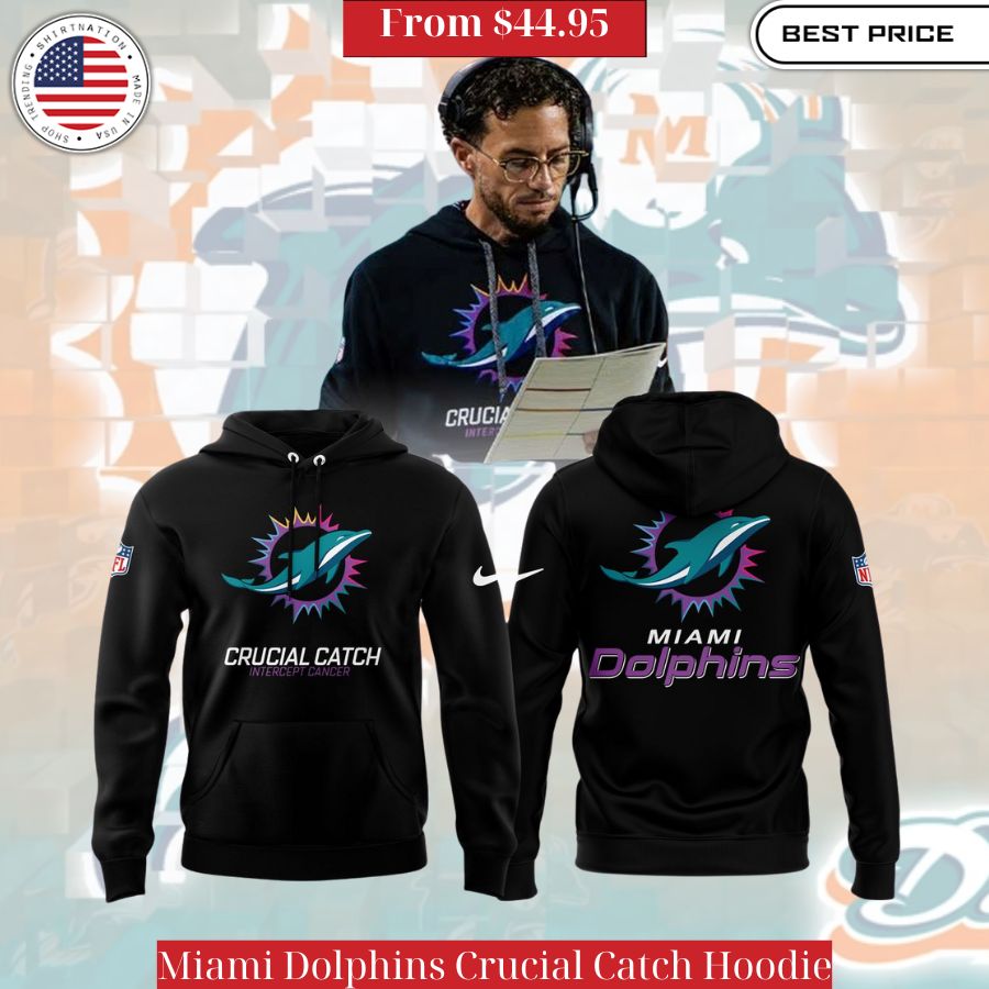 Miami Dolphins Crucial Catch Hoodie Black Dolphins hoodie with colorful cancer awareness accents