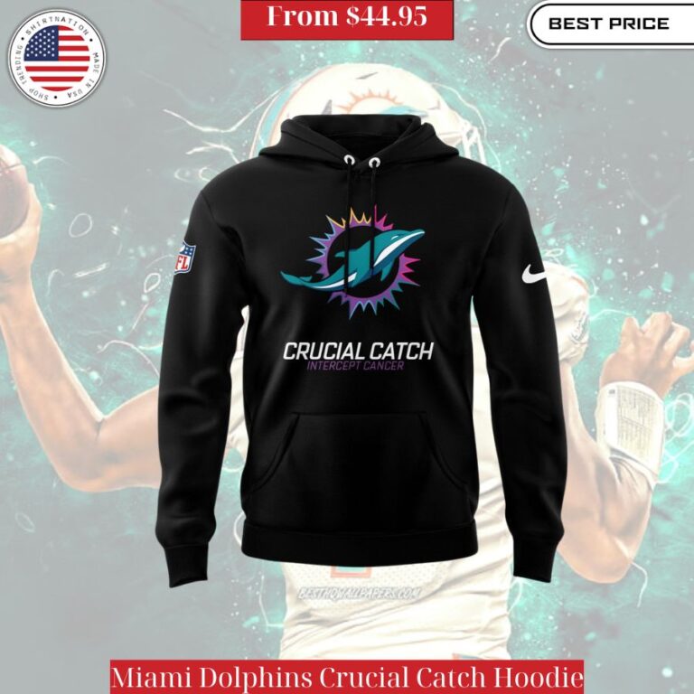 Miami Dolphins Crucial Catch Hoodie Black Dolphins hoodie with colorful cancer awareness accents