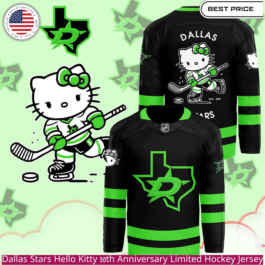 Dallas Stars Hello Kitty 50th Anniversary Limited Hockey Jersey a unique design , green and black colors,Hello Kitty graphic