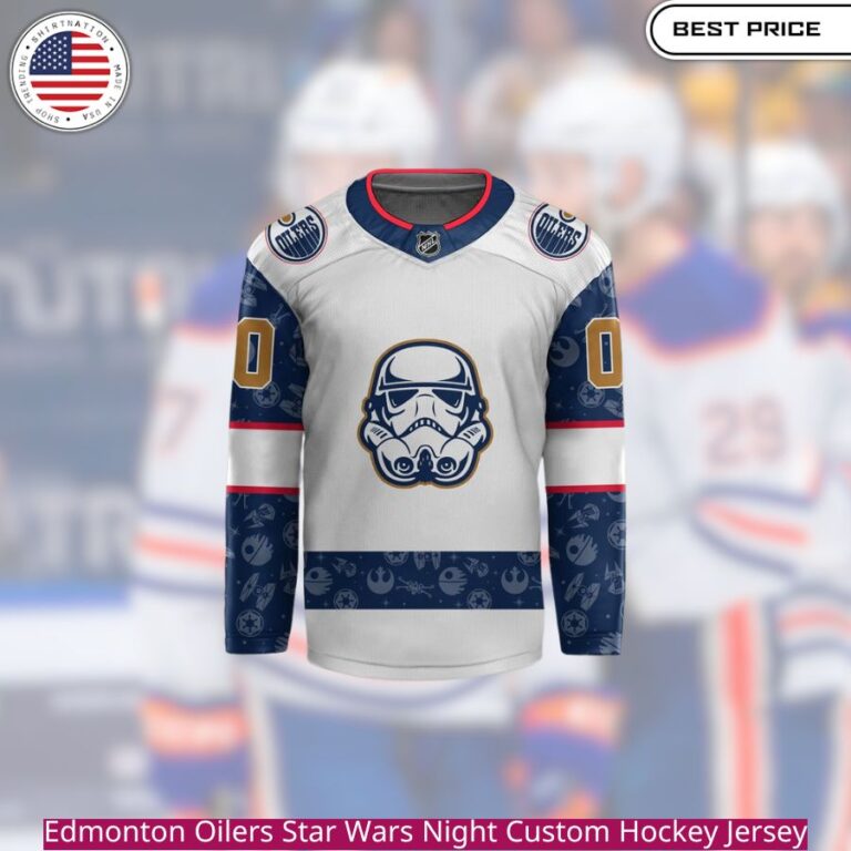 Edmonton Oilers Star Wars Night Custom Hockey Jersey the team's blue and orange colors with iconic Star Wars imagery