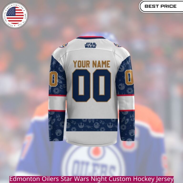 Edmonton Oilers Star Wars Night Custom Hockey Jersey the team's blue and orange colors with iconic Star Wars imagery