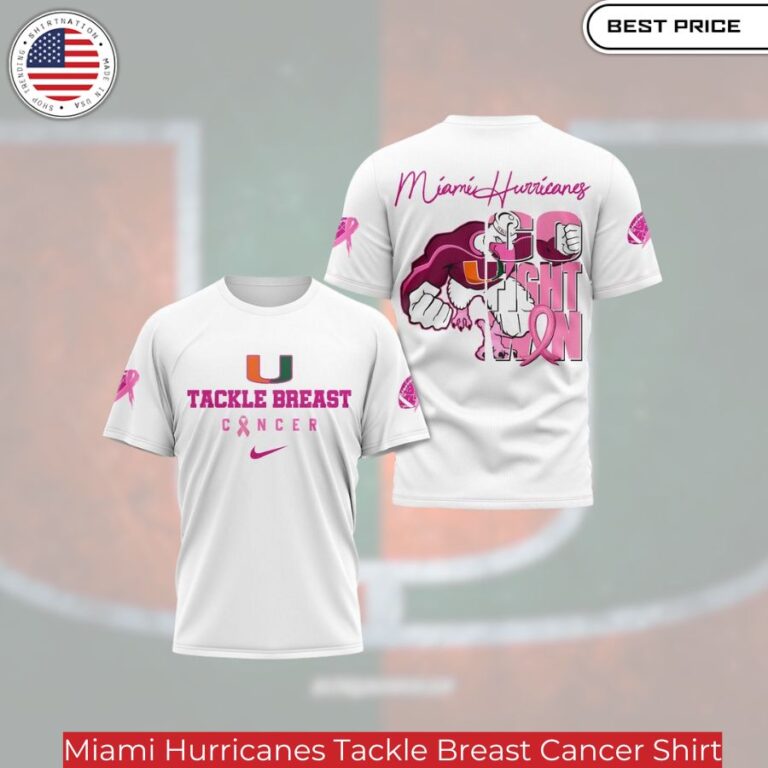 Miami Hurricanes Tackle Breast Cancer Shirt,Miami Hurricanes football jersey with 'Tackle Cancer' in pink lettering