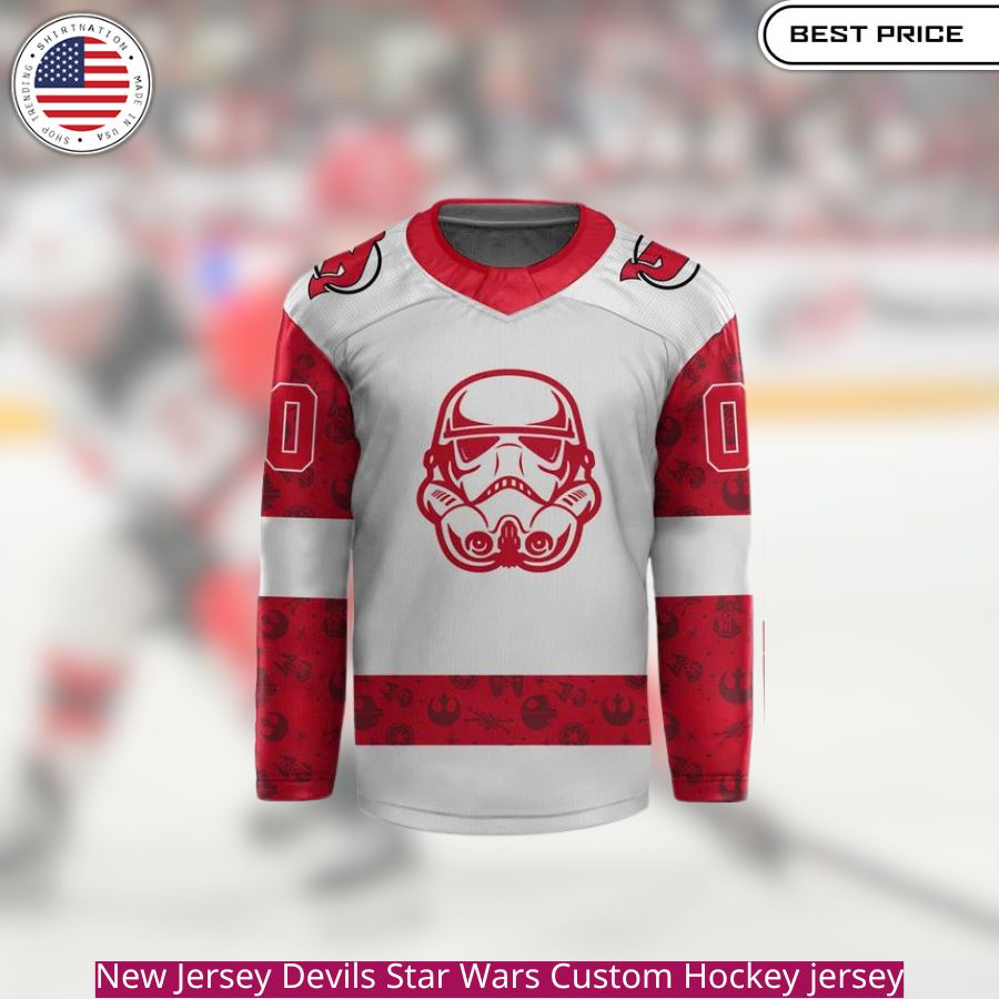 New Jersey Devils Star Wars Custom Hockey jersey red and black colors with a vibrant Star Wars theme.