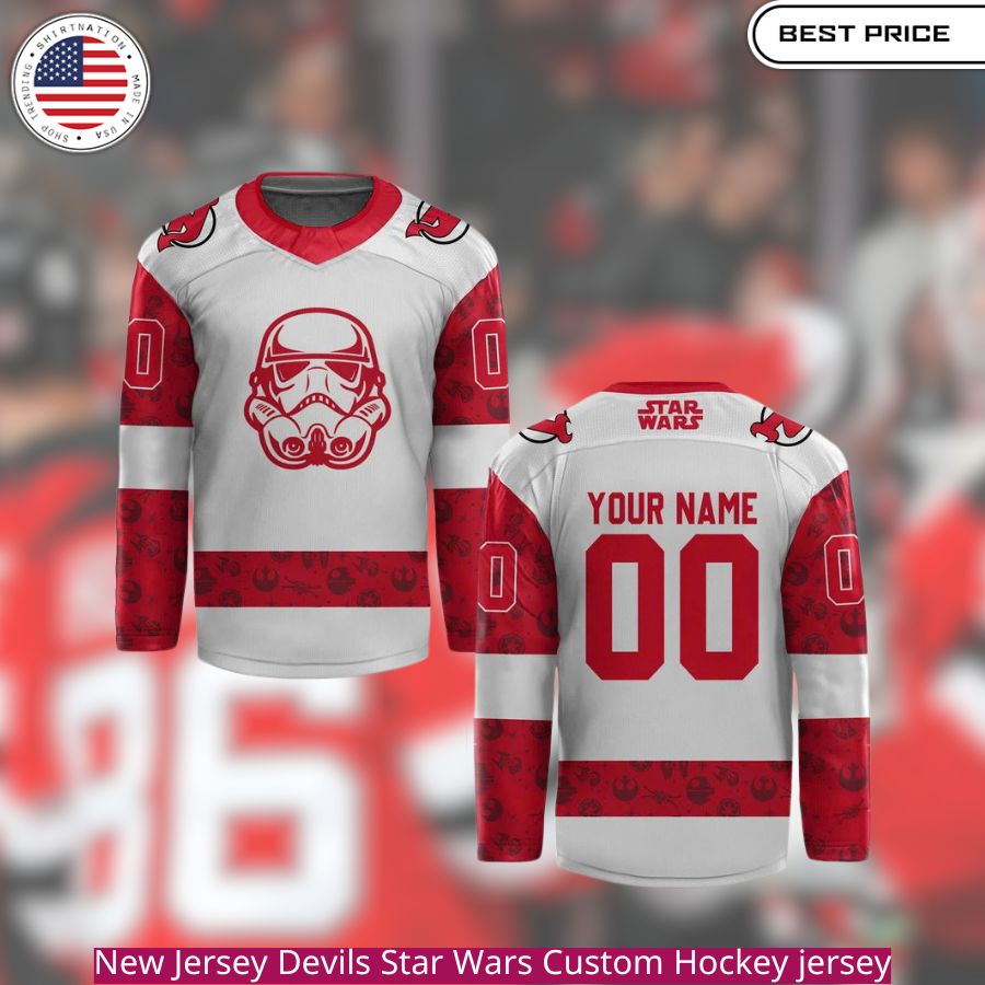 New Jersey Devils Star Wars Custom Hockey jersey red and black colors with a vibrant Star Wars theme.