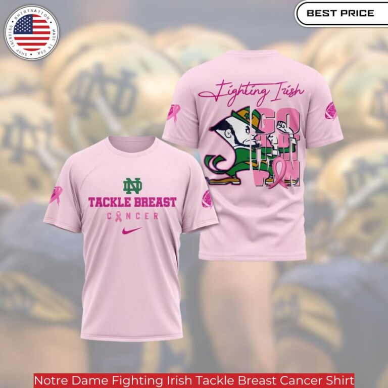 Notre Dame Fighting Irish Tackle Breast Cancer Shirt,vibrant colors with a message of support for breast cancer awareness.