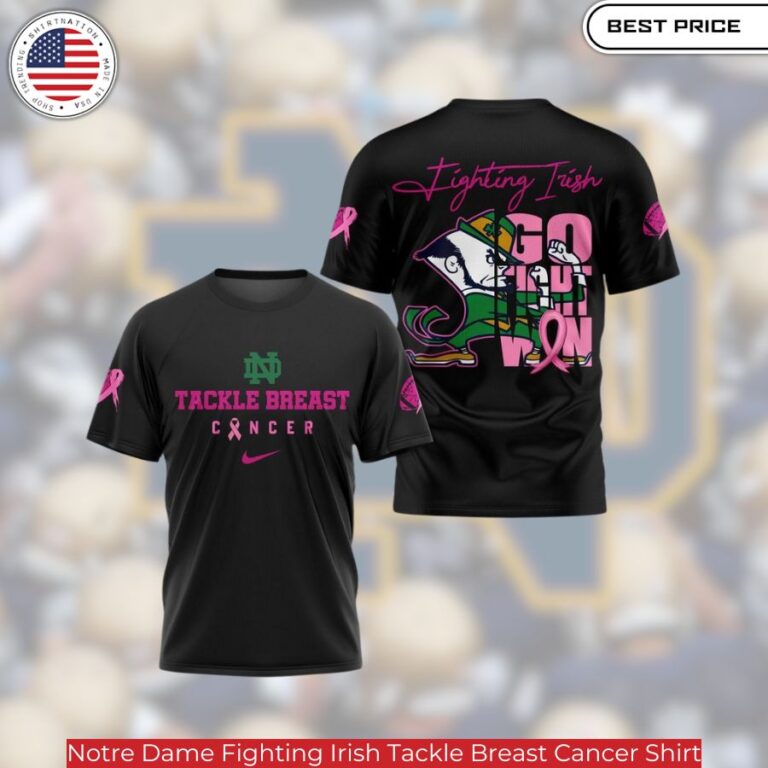 Notre Dame Fighting Irish Tackle Breast Cancer Shirt,vibrant colors with a message of support for breast cancer awareness.