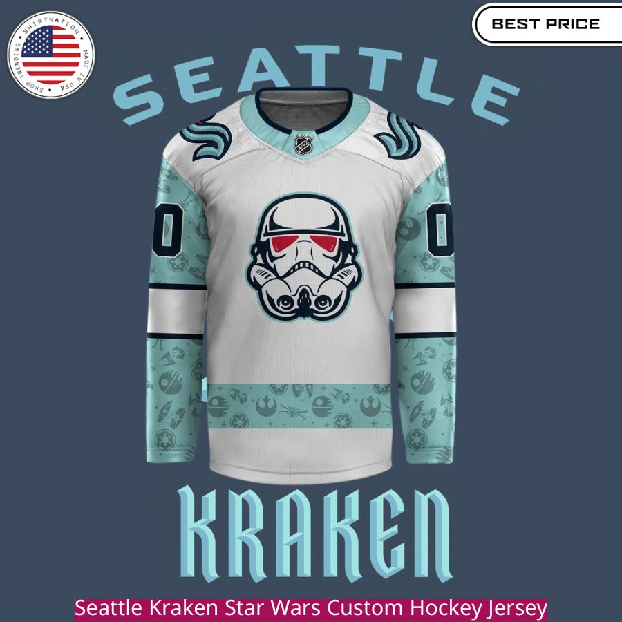 Seattle Kraken Star Wars Custom Hockey Jersey, the iconic Kraken colors, the Star Wars universe