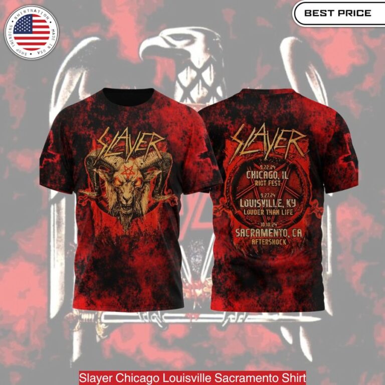 Slayer Chicago Louisville Sacramento Shirt, Black t-shirt with Slayer logo and city names