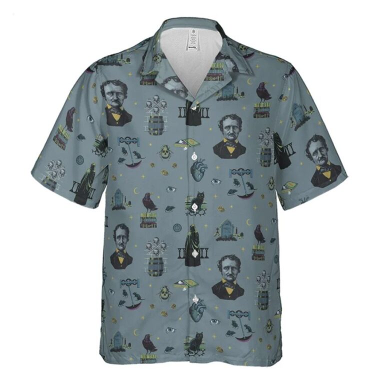 The Dark Themed Edgar Allan Poe Hawaiian Shirt The Dark Themed Edgar Allan Poe Hawaiian Shirt tropical shirt style with macabre, literary elements, creating a unique homage