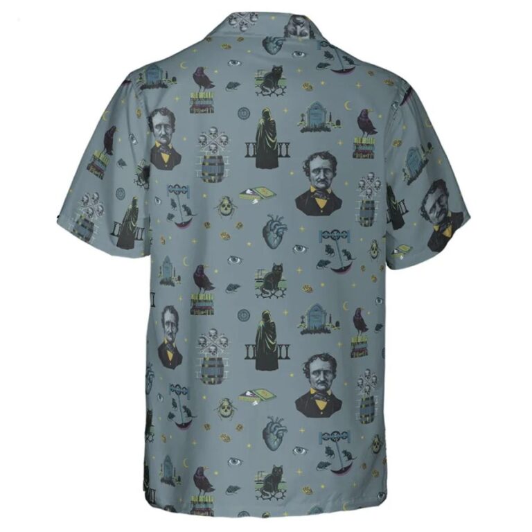 The Dark Themed Edgar Allan Poe Hawaiian Shirt The Dark Themed Edgar Allan Poe Hawaiian Shirt tropical shirt style with macabre, literary elements, creating a unique homage